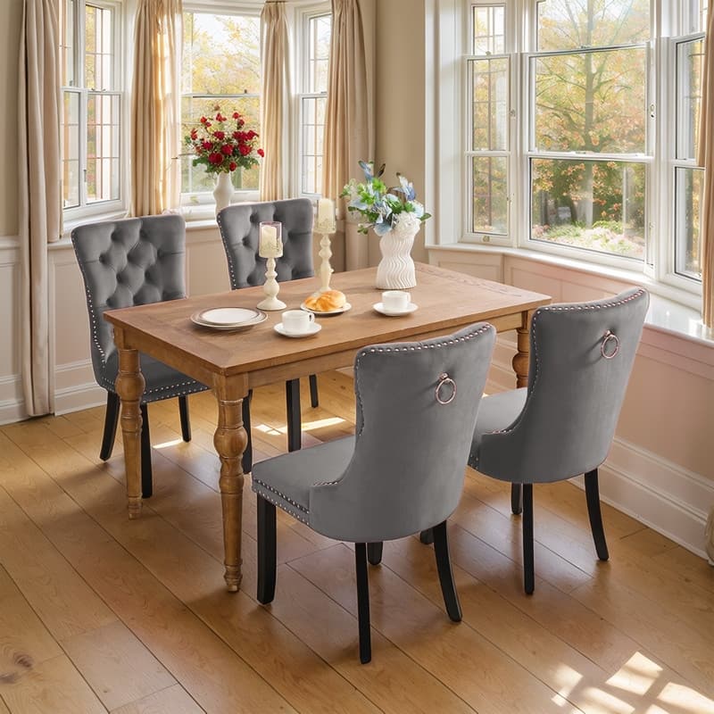 High-end Tufted Velvet Upholstered Nailhead Dining Chair Set of 4 - Grey