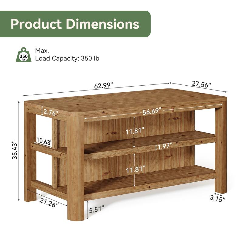 63-Inch Solid Wood Kitchen Island with Storage Shelves - 63.0" W x 28" D x 35.4" H