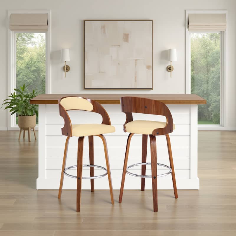 Shelly Mid-Century Swivel Bar Stool, Upholstered Counter Height Chair with Bentwood Legs - Cream & Walnut - Bar Height - Set of 2