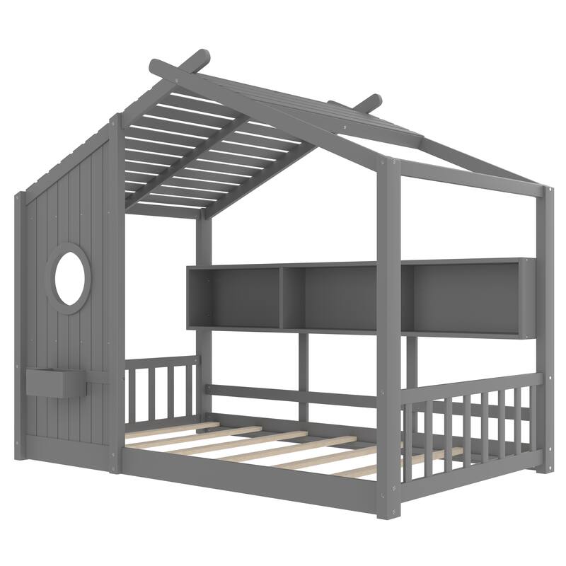 House Bed Frame for Toddler Floor Bed, Kids Montessori Bed with Storage Shelf and Round Window, Playhouse Bed with Roof Design