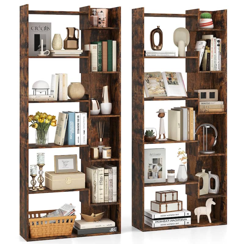 Costway 1/2 PCS 6-tier Bookshelf Tall Display Shelf with 11 Open - See Details - Rustic Brown-2 PCS