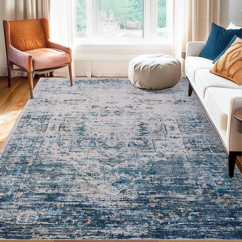 Ombre Vintage Area Rug Distressed Washable Living Room Bedroom Rug Indoor Carpet Ultra-Thin Soft Rug Non-Slip - Blue/Beige Multi - 8*10ft