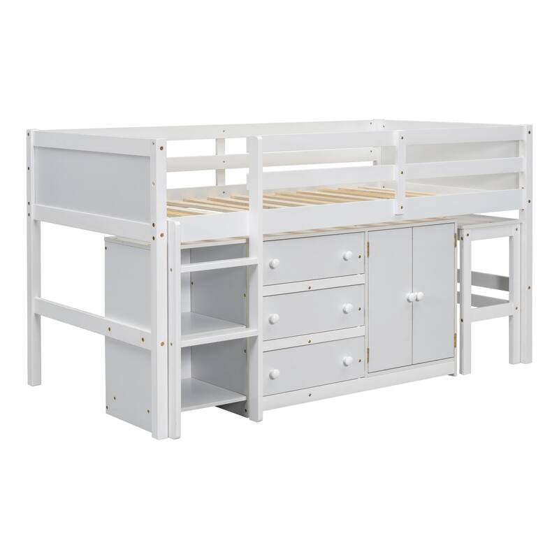 Low Loft Bed for Kids Twin Size Storage Bookcase Bed Frame with Pull-out Desk, 3 Drawers and Cabinet and Shelves