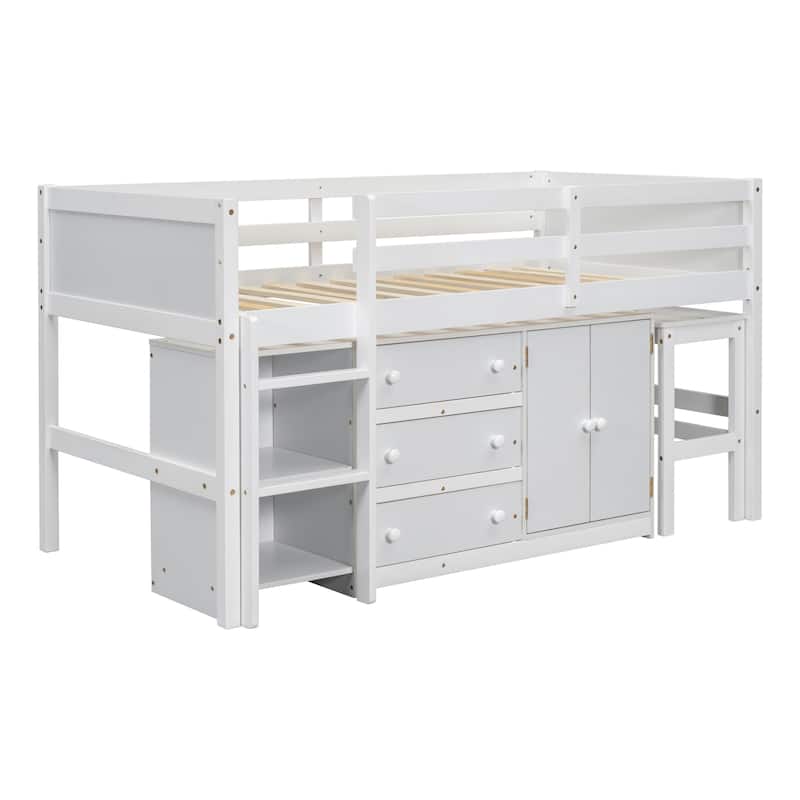 Twin Loft Bed with Pull-Out Desk, Drawers, Cabinet, and Shelves for Kids
