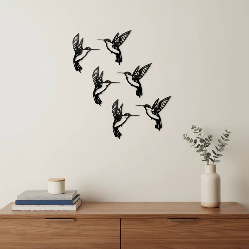HomeRoots Set of Six Black Metal Hummingbird Hanging Dimensional Sculptures - Black - 5.20 in. x 6.45 in. x 0.30 in.