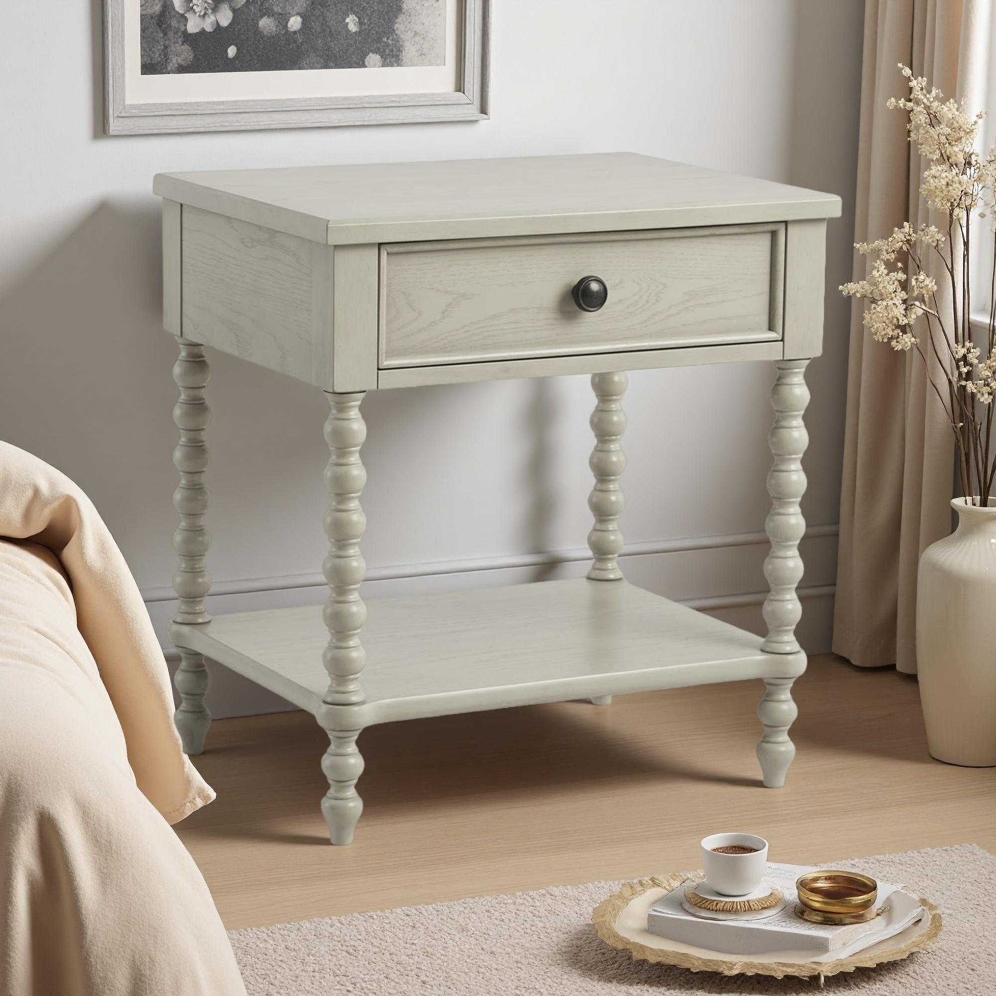 24"L Solid Wood 2-Drawer Nightstand with Turned Legs and Metal Drawer Glides