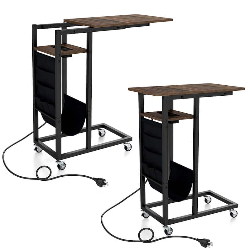 Costway 1/2 PCS C-shaped End Table with Charging Station Rolling - 2 PCS