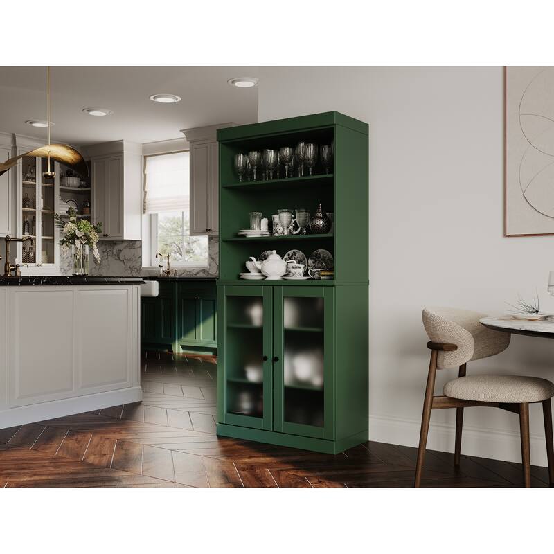 100% Solid Wood 32" Kitchen Pantry Cabinet with 2 Doors by Palace Imports - Green - Frosted Glass