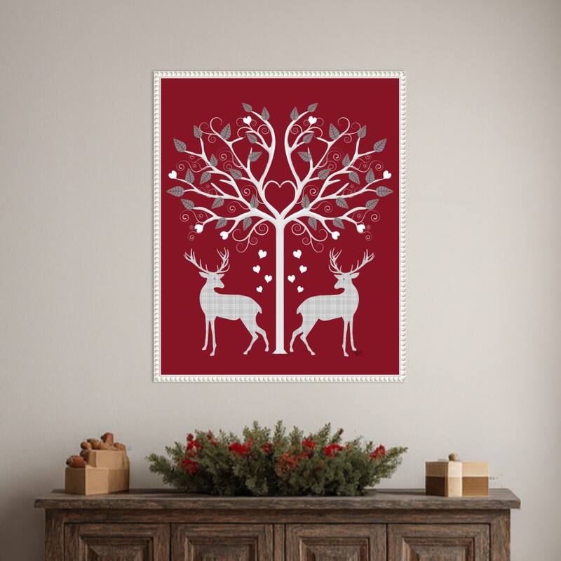 Christmas Des Deer and Heart Tree Grey on Red by Fab Funky (23 x 28 in.), Framed Canvas Wall Art Print - Sylvie Beaded White