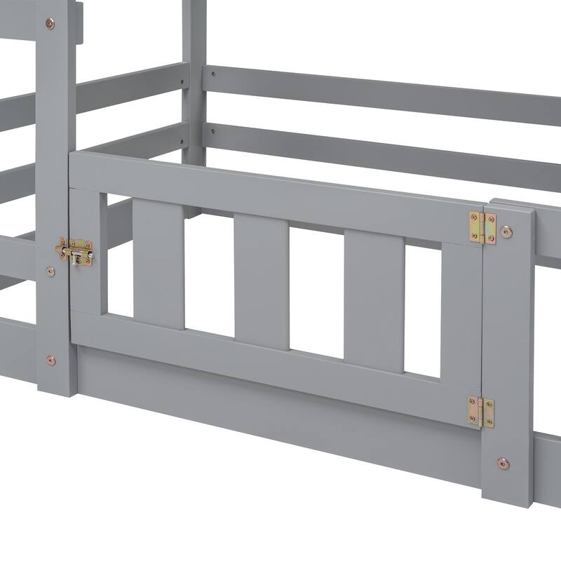 Gray Twin Over Twin House Bunk Bed with Fence and Door