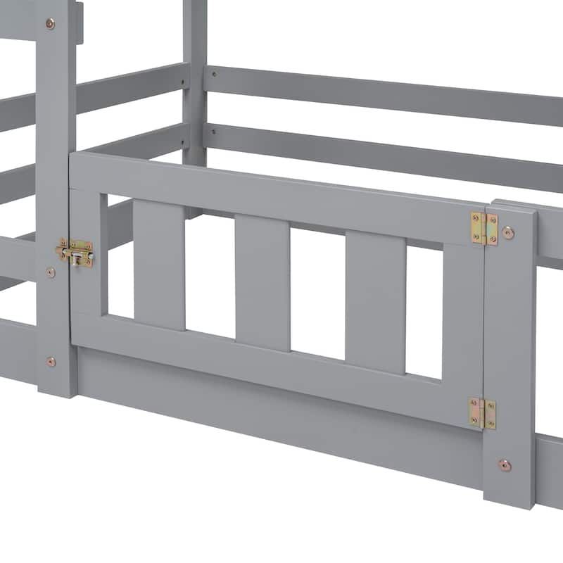 Twin Pine House Bunk Bed with Fence, Guardrail, and Door