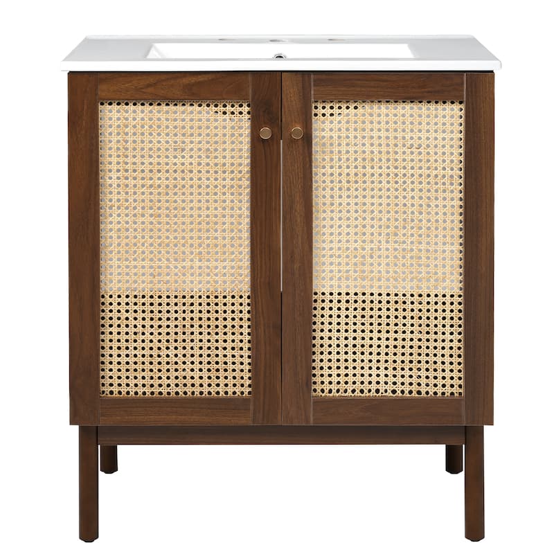 30" Handwoven Bamboo Door Bathroom Vanity with Soft-Close MDF Cabinet