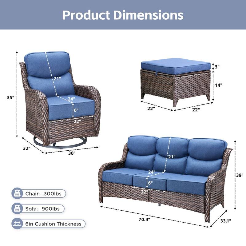 Arcadia 7-Piece Wicker Patio Conversation Set with Swivel Gliders and 6-Inch Thick Olefin Cushions