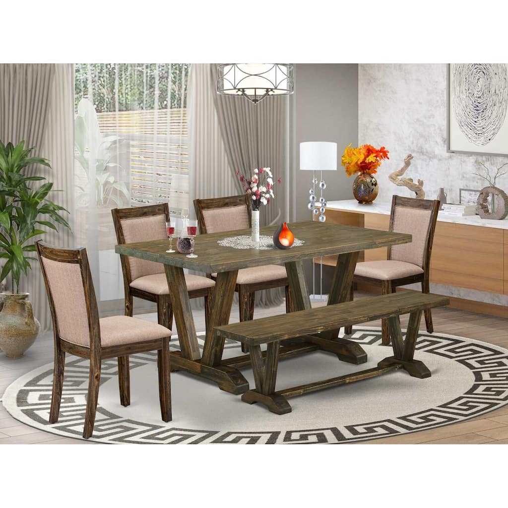HomeStock 6-Piece Rectangle Distressed Jacobean Finish Solid Wood Top Dining Table with 1-Bench, 4-Chairs