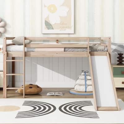 Twin Low Loft Bed with Slide, Ladder, and Safety Guardrails for Kids, White Oak Rubber Wood, Under-Bed Play Space