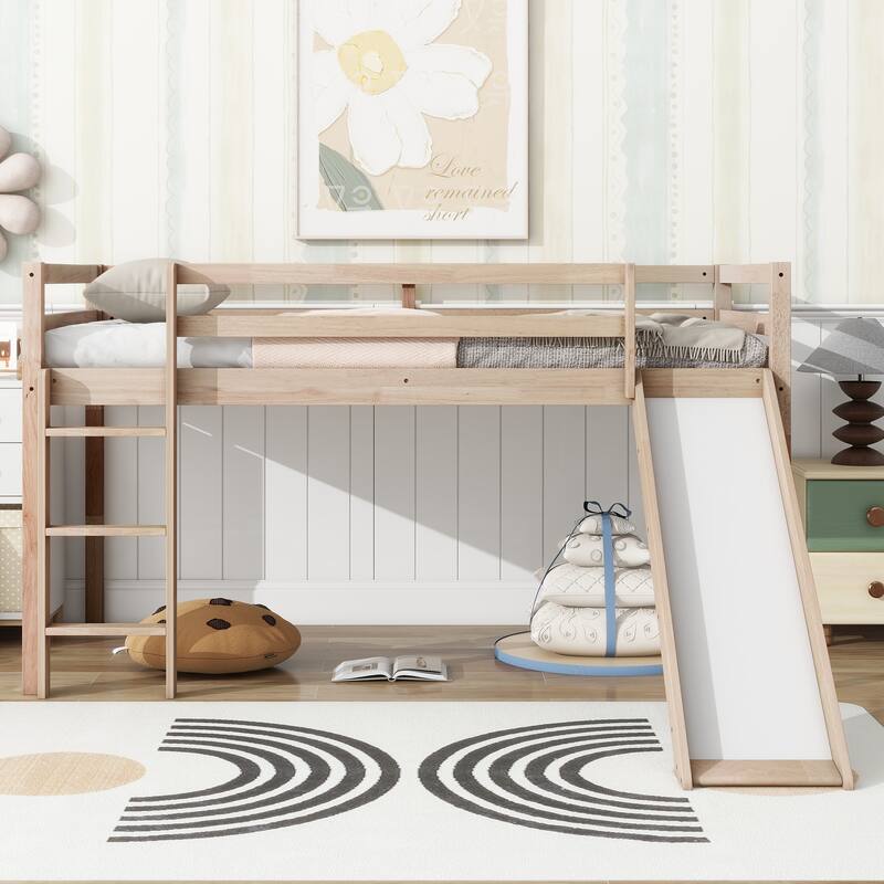 Twin Low Loft Bed with Slide, Ladder, and Storage Space, Rubber Wood Construction with High Guardrails for Safety - White Oak