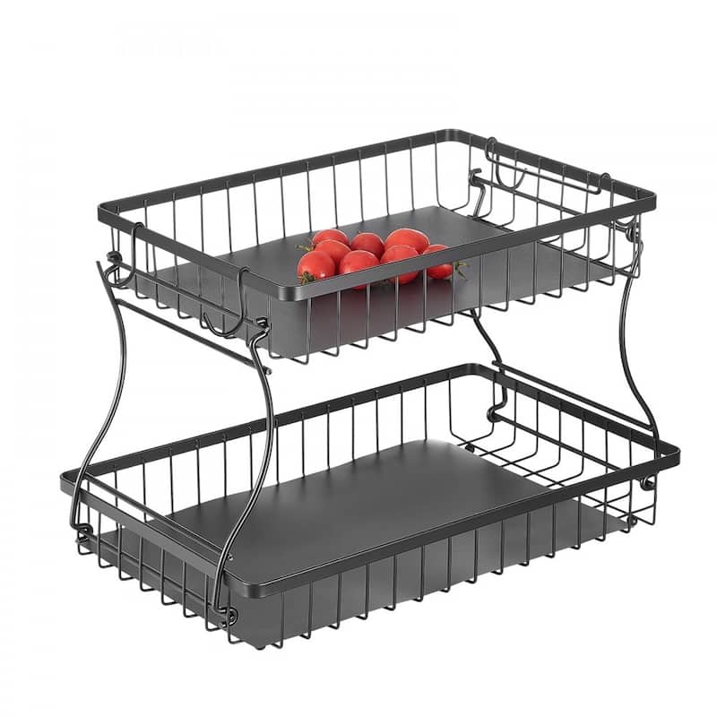 Matte Black Double-Layer Fruit Basket Holder Countertop Storage Organizer for Kitchen Fruits - 15.16” x 9.06” x 9.65”