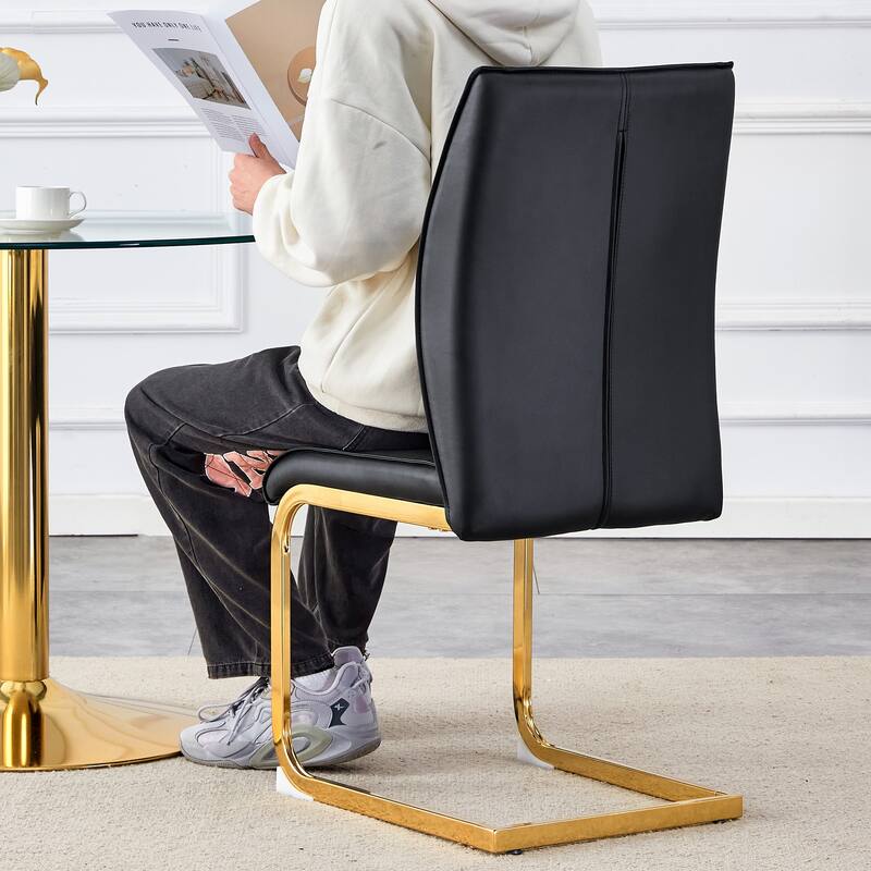 Luxury Simple Arch Chair - Set of 4 BLACK PU Material High Resilience Dining Chair with Arched Metal Gold Leg