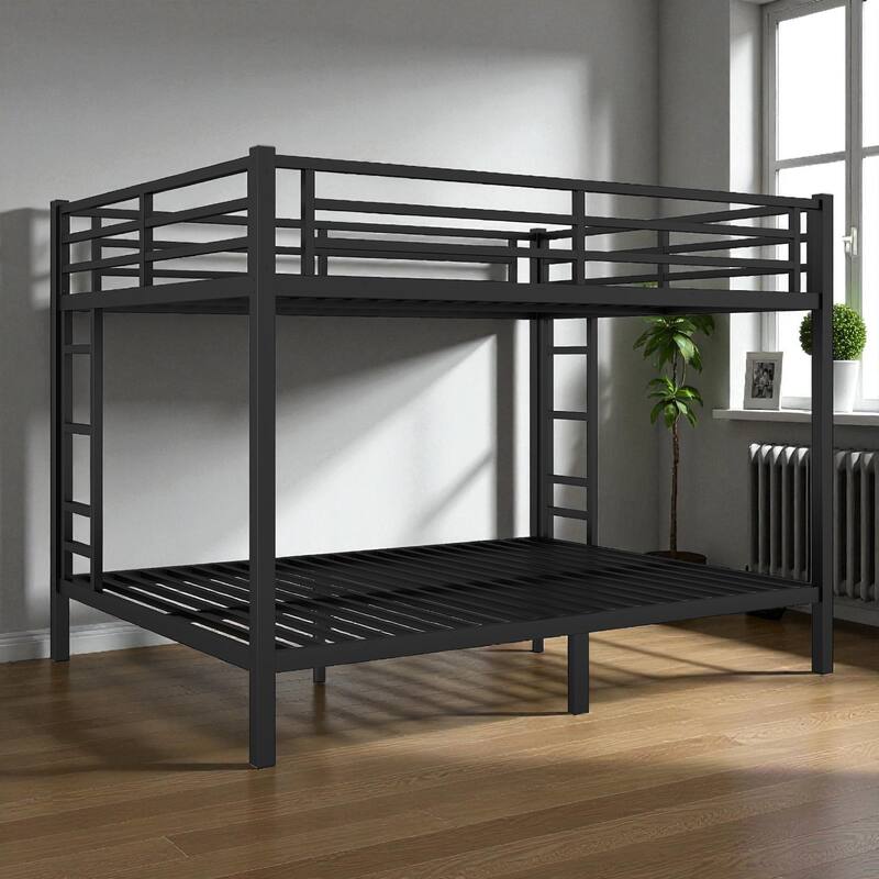 Metal Queen over Queen Bunk Bed for Adults and Teens, Heavy-Duty Noise-Free Frame with Dual Ladders and Storage