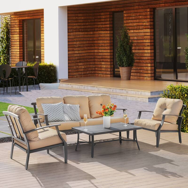 4-Piece Patio Conversation Set with Cushions, Aluminum Frame, Ginger - Yellow