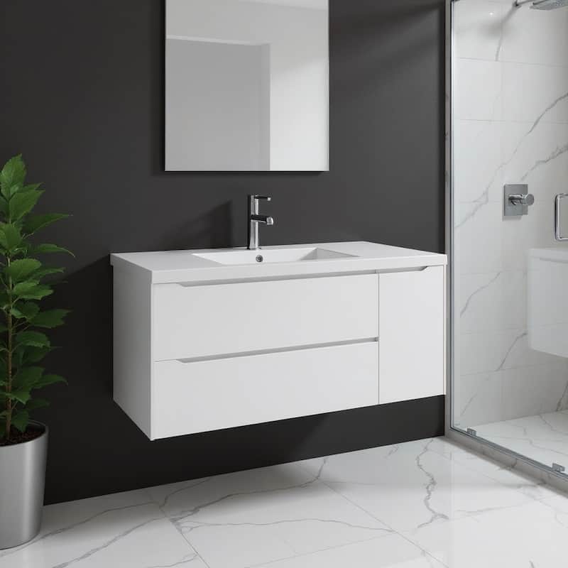 HomeRoots 48" White Wood Floating Bathroom Vanity With White Sink And Two Drawers - 48.00 in. x 18.00 in. x 19.00 in. - 48.00 in. x 18.00 in. x 19.00 in. - Polished - White
