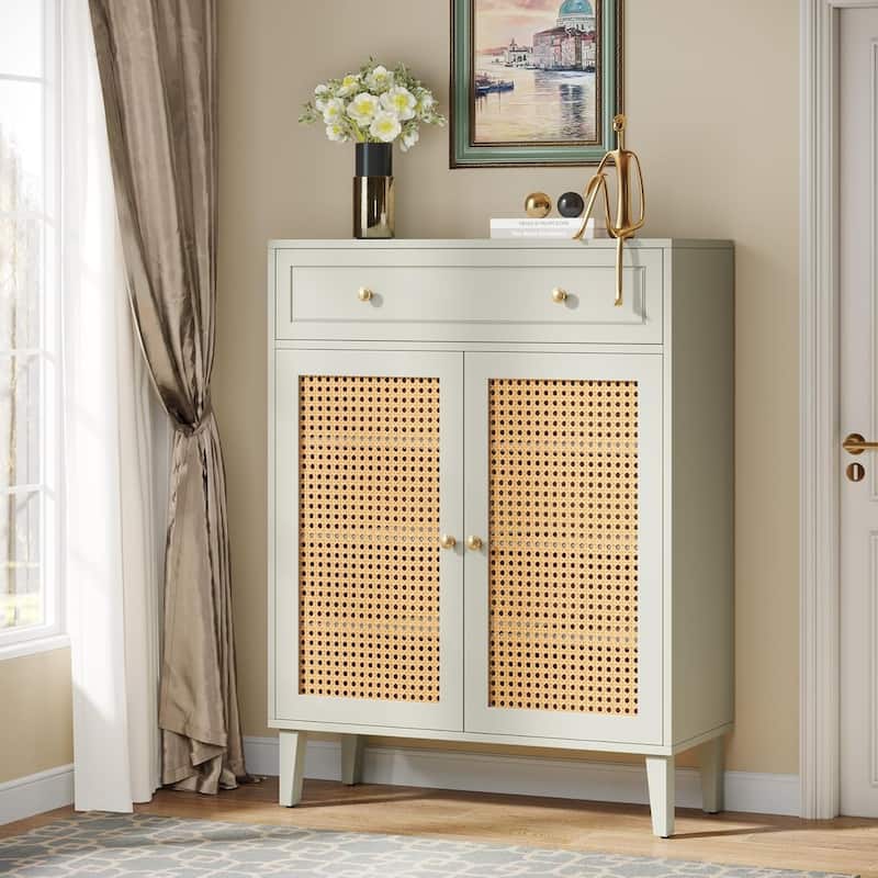 Shoe Cabinet with Doors and Drawer, Modern Rattan Shoe Storage Cabinet for Entryway, Mint Green - Mint Green