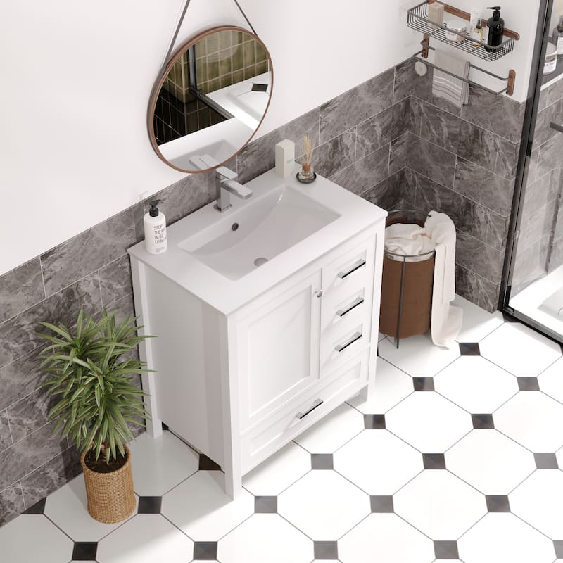 EROMMY All-in-One Bathroom Vanity with Ceramic Sink, Soft-Close Storage Cabinet & Drawer, Glossy Countertop, White