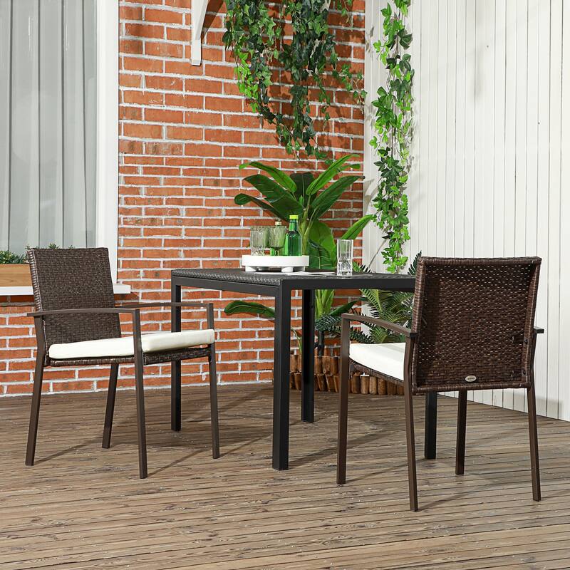 Outsunny 2-Piece PE Rattan Outdoor Dining Chair Set, Wicker Patio Chairs with Cushions, Backrest & Armrests for Deck, Garden