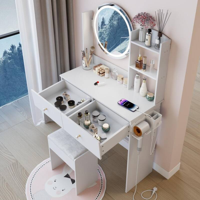 17" Round Touch Switch LED Mirror Vanity with 2 AC+2 USB Power Socket and Adjustable Brightness