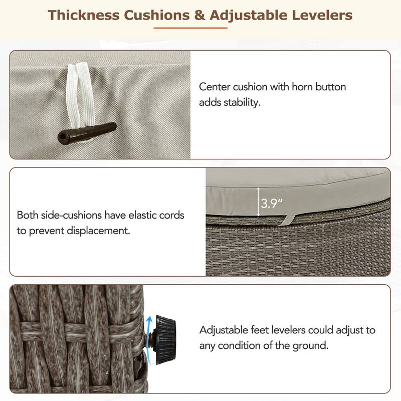 Rattan Patio 2-Person Daybed, Outdoor Sun Bed with Cushions and Pillows, Recliner with Adjustable Back and Foldable Cup Trays