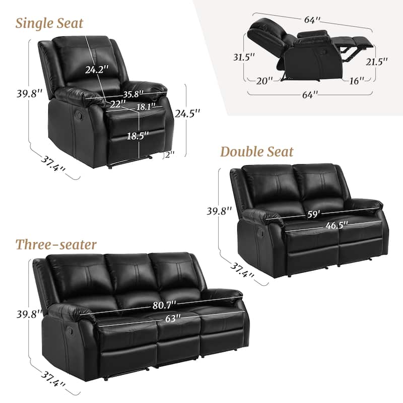 Manual 3-Piece Recliner Sofa Set, Modern Faux Leather Recliner Sofa, 3 Piece Couch Sets For Living Room