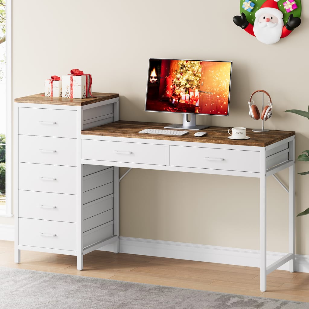 Computer Desk with 7 Drawers, 55 inch Home Office Desks with Reversible Drawer