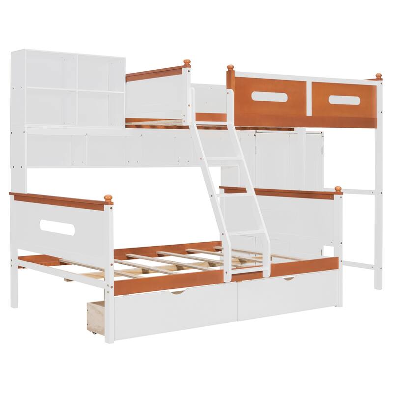 Twin Over Full Wooden Bunk Bed with Wardrobe, Drawers, Shelves and LED Light in White and Orange