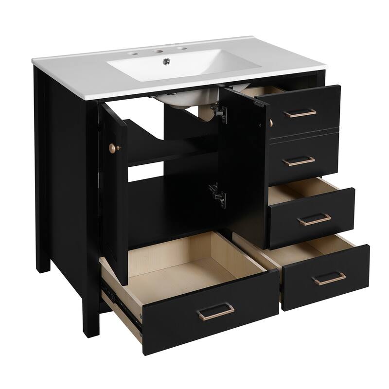 Bathroom Vanity with Ceramic Sink Combo,Freestanding Vanity Set with 4 Drawers& Soft Closing Doors