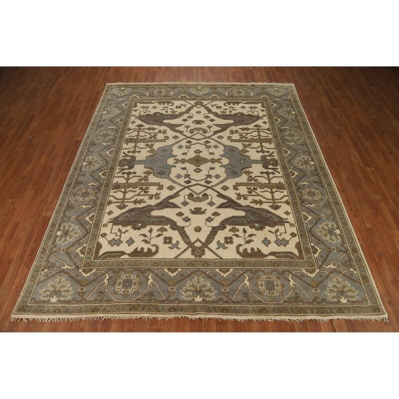 Ivory Oushak Indian Area Rug Handmade Wool Carpet - 8'1"x 9'8"