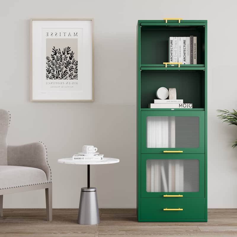 Freestanding Metal Display Storage Cabinet,Cupboard with Flip-up Acrylic Doors and Drawer