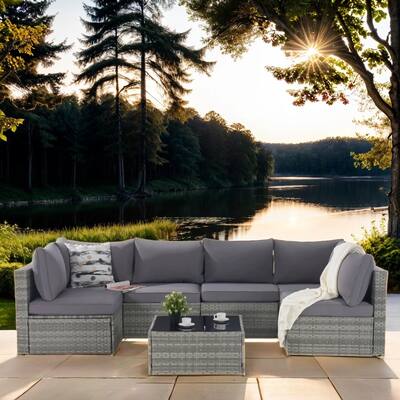 Set of 7 Outdoor Rattan Furniture U-Shaped Sofa And Table Set with Soft Cushion, Gray