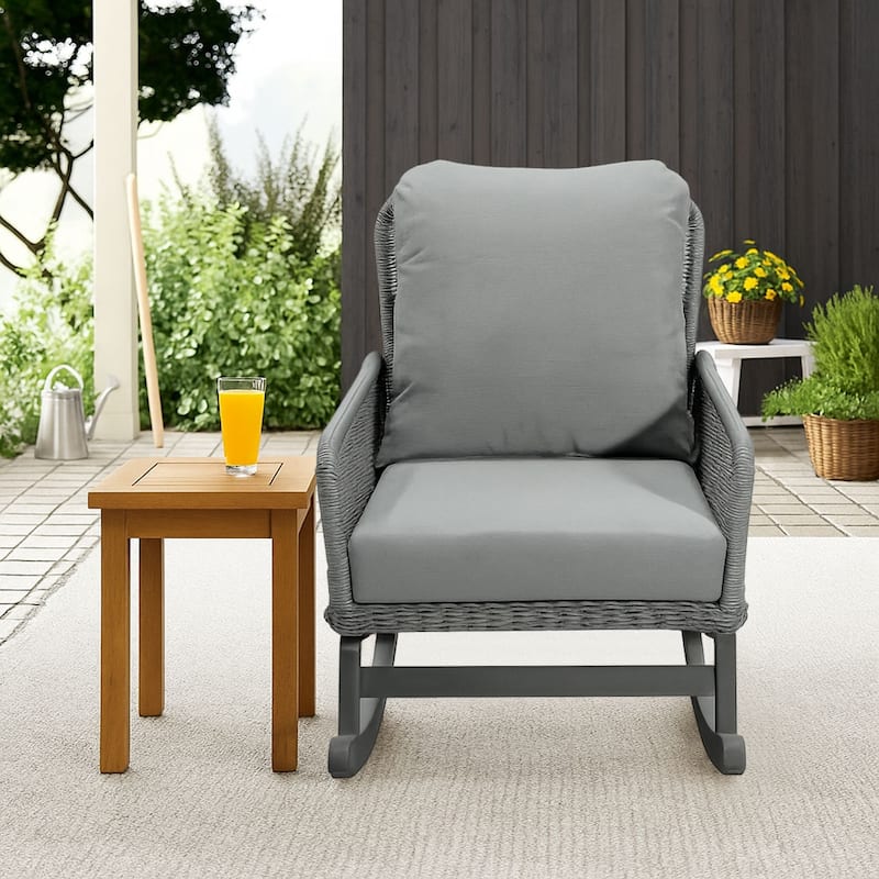 Classic Stylish PE Rattan Wicker Rocking Chair with Cushions and Solid Wood Legs, For Indoor and Outdoor Use - Gray - 1 Pc