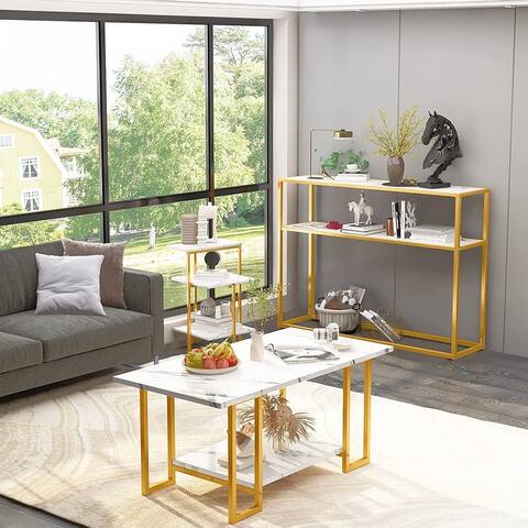 JOJI 3 Piece Coffee Table Set with Faux Marble Top Surface and Golden Metal Frame for Living Room, Apartment, Small Space