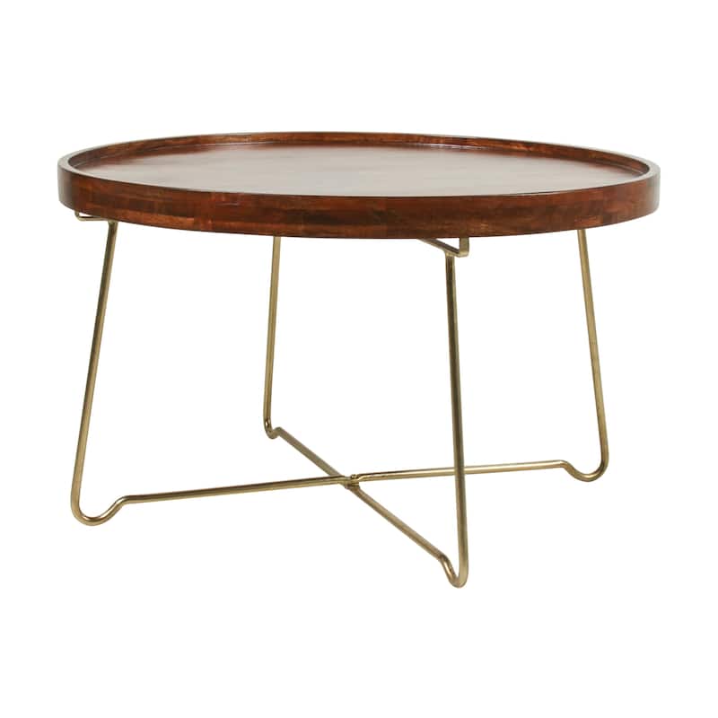 Round Natural Wood And Gold Iron Coffee Table by East at Main