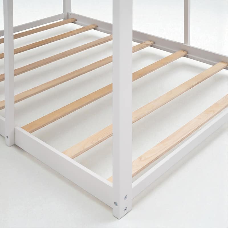 Full Over Full Wood Bunk Bed with Roof and Window, Guardrails and Ladder, House Style Frame for Kids
