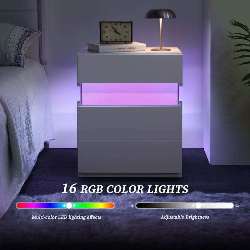 GDF Studio - Avalon Modern LED Nightstand with Three Drawers and 16-Color RGB Lighting