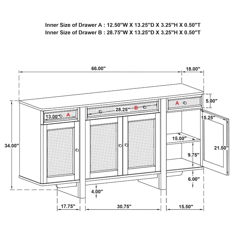 Kailani 4-Door Cane Sideboard Buffet Cabinet Beige Oak