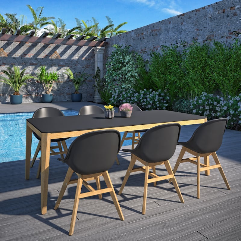 Amazonia Caroleus Outdoor Patio Wood Dining Set - Black Chairs - Big Black Table - 7-Piece Sets
