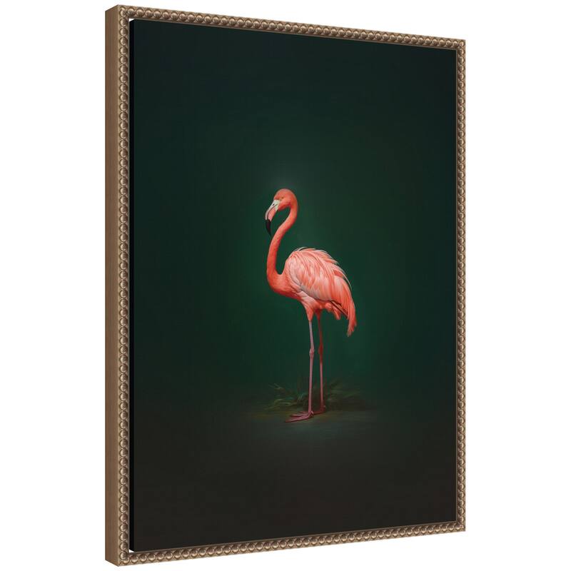 Kate and Laurel Flamingo Side View Rich Green Backdrop by The Creative Bunch Studio Framed Canvas Wall Art Print - 18 x 24 - Gold