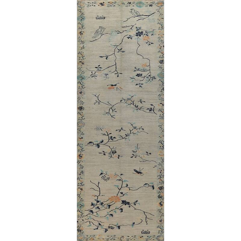 Vegetable Dye Art Deco Turkish Runner Rug Handmade Wool Carpet - 4'0" x 14'4"