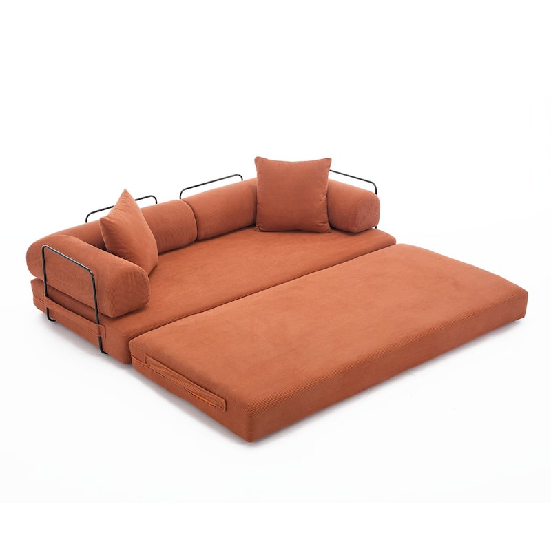 78.5" Folding Convertible Out Sleeper Sofa Bed, 3 Seat, Orange Corduroy