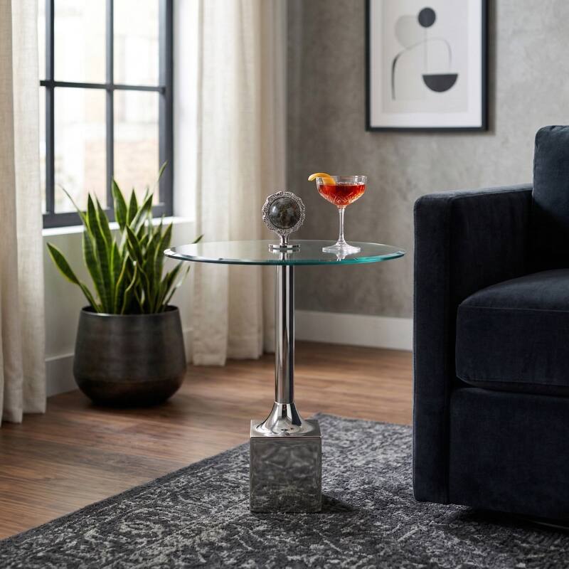 Accent Side Table with Glass Top and Sculptural Base - 23" - 23.0" - Silver/ Metallic