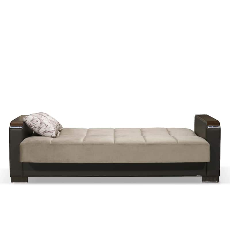 HomeRoots 87" Brown And Sand Chenille And Faux Leather Convertible Futon Sleeper Sofa With Toss Pillows And Storage