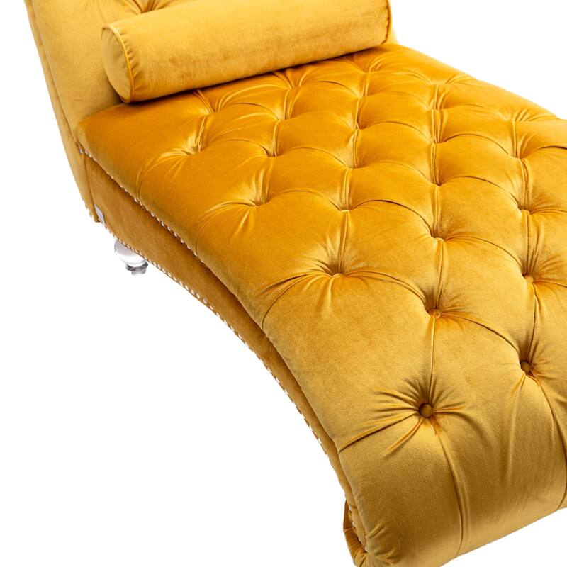 Mustard Modern 63.98" Upholstered Buttons Tufted Chaise Lounge Chair with Pillow and Acrylic Legs